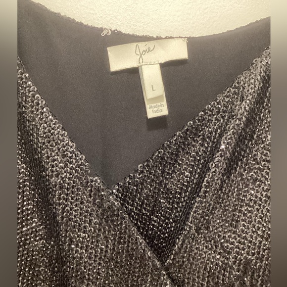 Joie Itara Sequin Black Mini Dress Embellished Wrap Slip Cocktail L - Picture 3 of 9